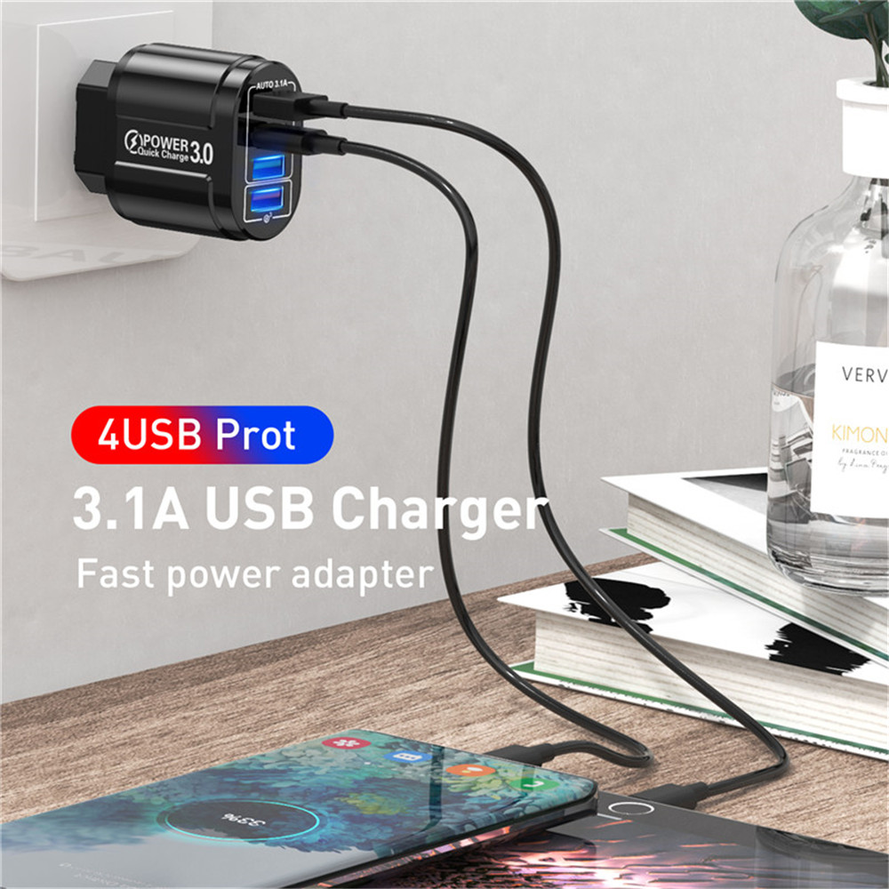 USLION 48W 4 USB Ports QC 3.0 Fast Charger Wall Travel Charging EU Plug/US Plug Adapter For iPhone 14 14 Plus 14 Pro Max for iPad Pro For Samsung Galaxy S22 Ultra Galaxy Z Flip 4 For Xiaomi Mi 12T Redmi Note 12 Huawei P50