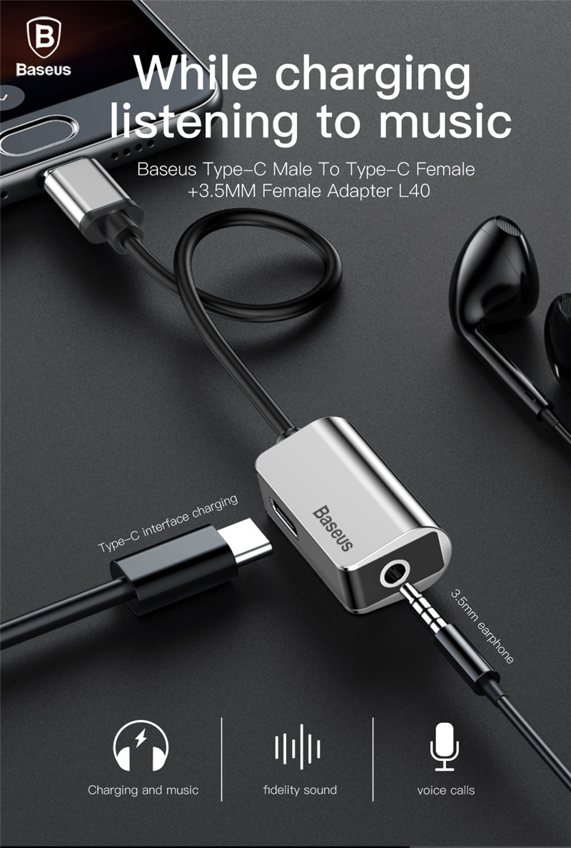 Baseus L40 2 in 1 Type-c to Type-c Splitter Charging Type-c to 3.5mm Earphone Aux-in Cable Adapter 