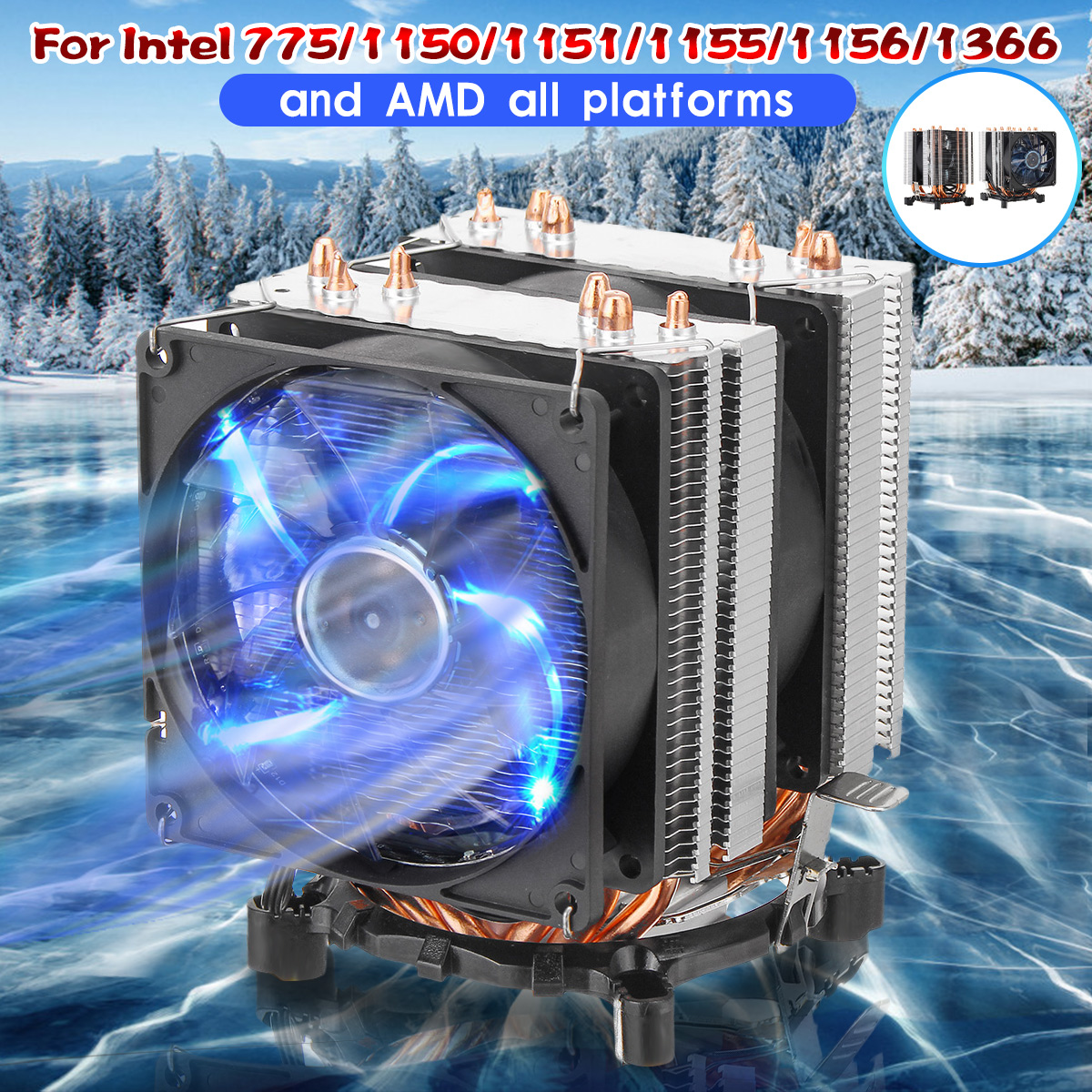 3Pin Six Copper Heat Pipes Blue Backlit CPU Cooling Fan for Intel 775 1150 1151 AMD 9