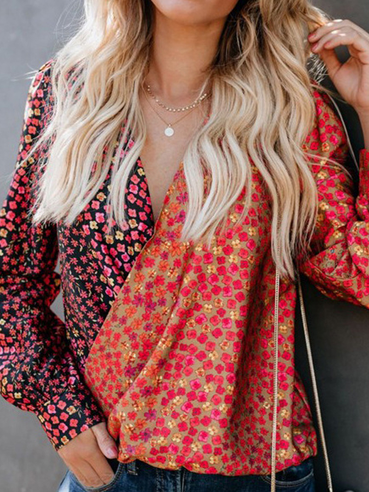 Women Casual V Neck Long Sleeve Floral Printed Blouse