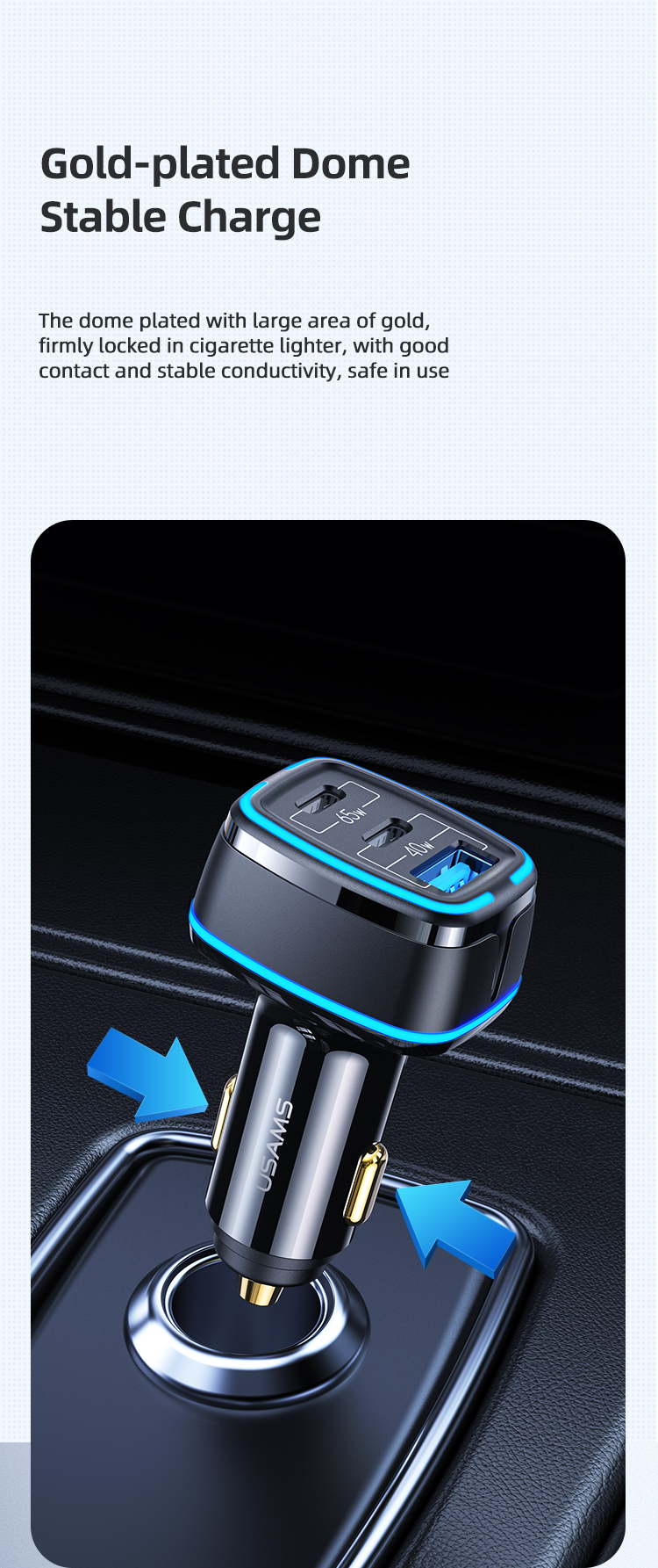 USAMS US-CC141 C24 105W 3 Ports Fast Car Charger Adapter 65W USB-C PD QC4.0 20W QC3.0 Support AFC FCP SCP PPS Fast Charging With Blue LED For iPhone 12 12 Mini 12 Pro Max For Samsung Galaxy Note 20 Huawei Mate 40 OnePlus 8T Xiaomi Mi10