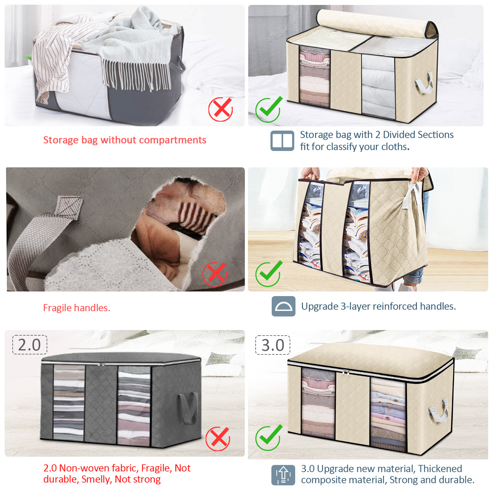 KING DO WAY 3PCS Clothes Storage Bag Non-woven Fabric Two-window Foldable Storage Bag