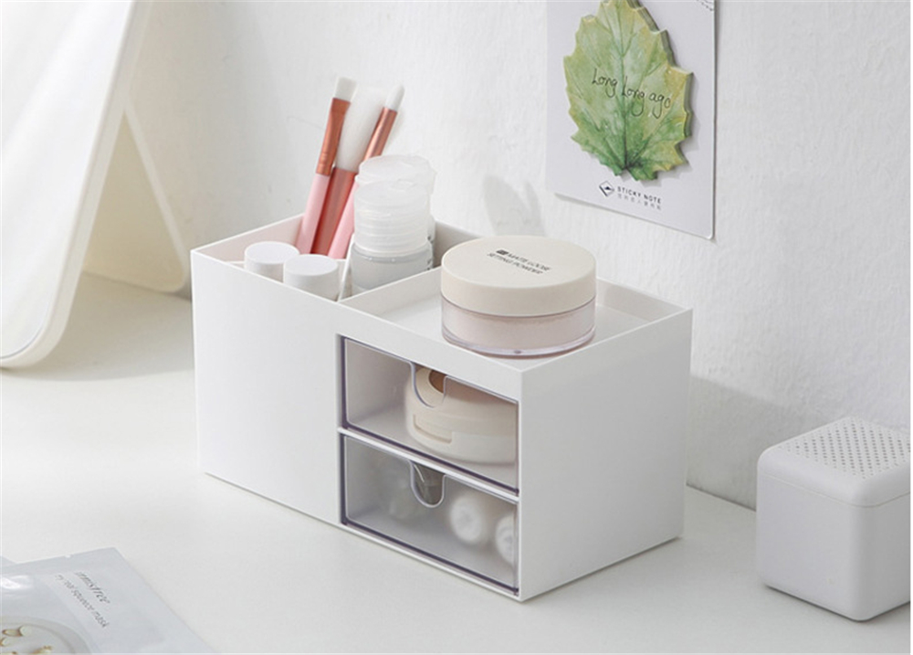 Desktop Storage Box Pen Holder with 2 Drawers Stationery Cosmetics Makeup Brushes Holder Sundries Organizer Office Home School Supplies