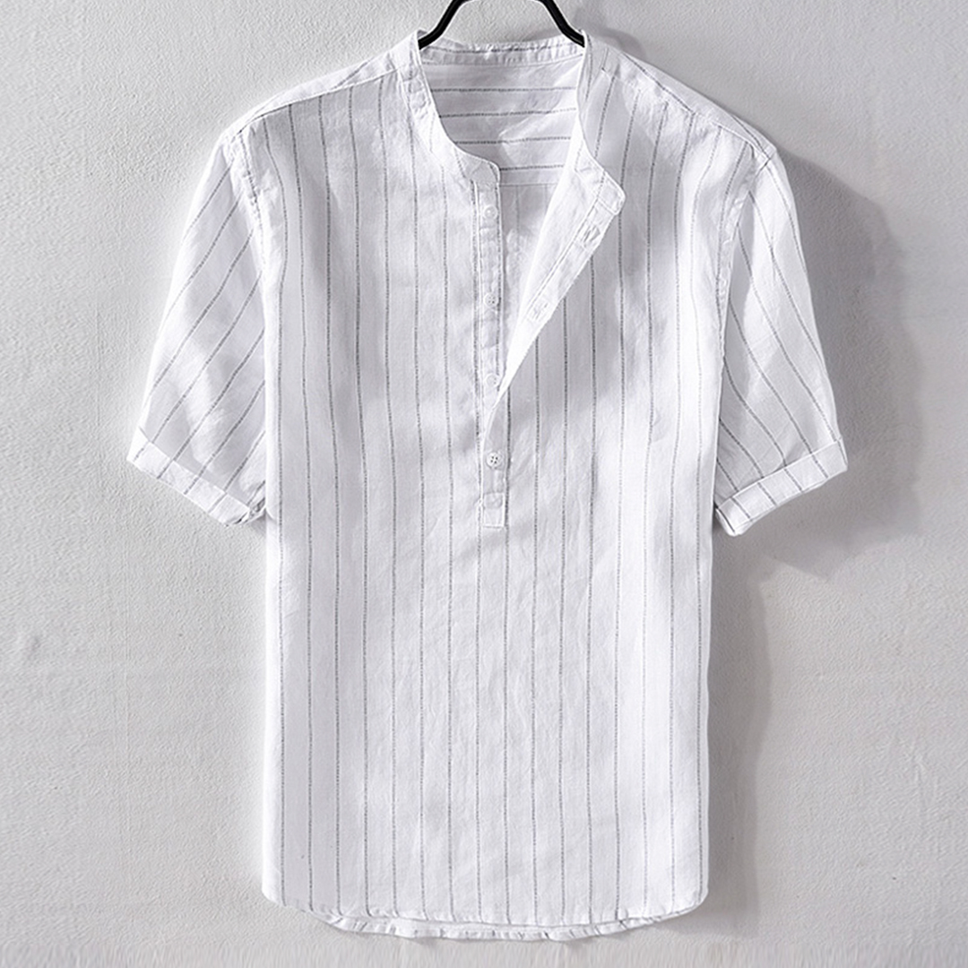 New Mens Fashion Striped Short Sleeve Stand Collar Casual Shirts ...