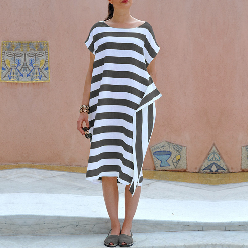 Women Short Sleeve Striped Asymmetric Loose Vintage Dress