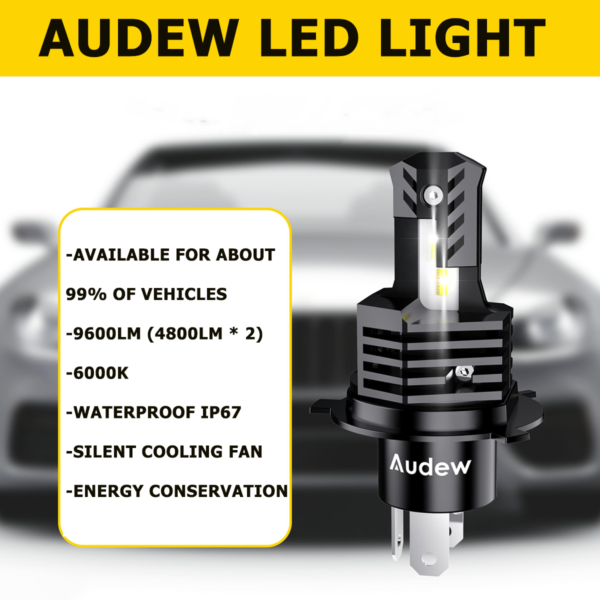 Audew 2PCS 26W 4800LM 6000K H4 In-line Car LED Headlight  Outdoor Waterproof for Camping