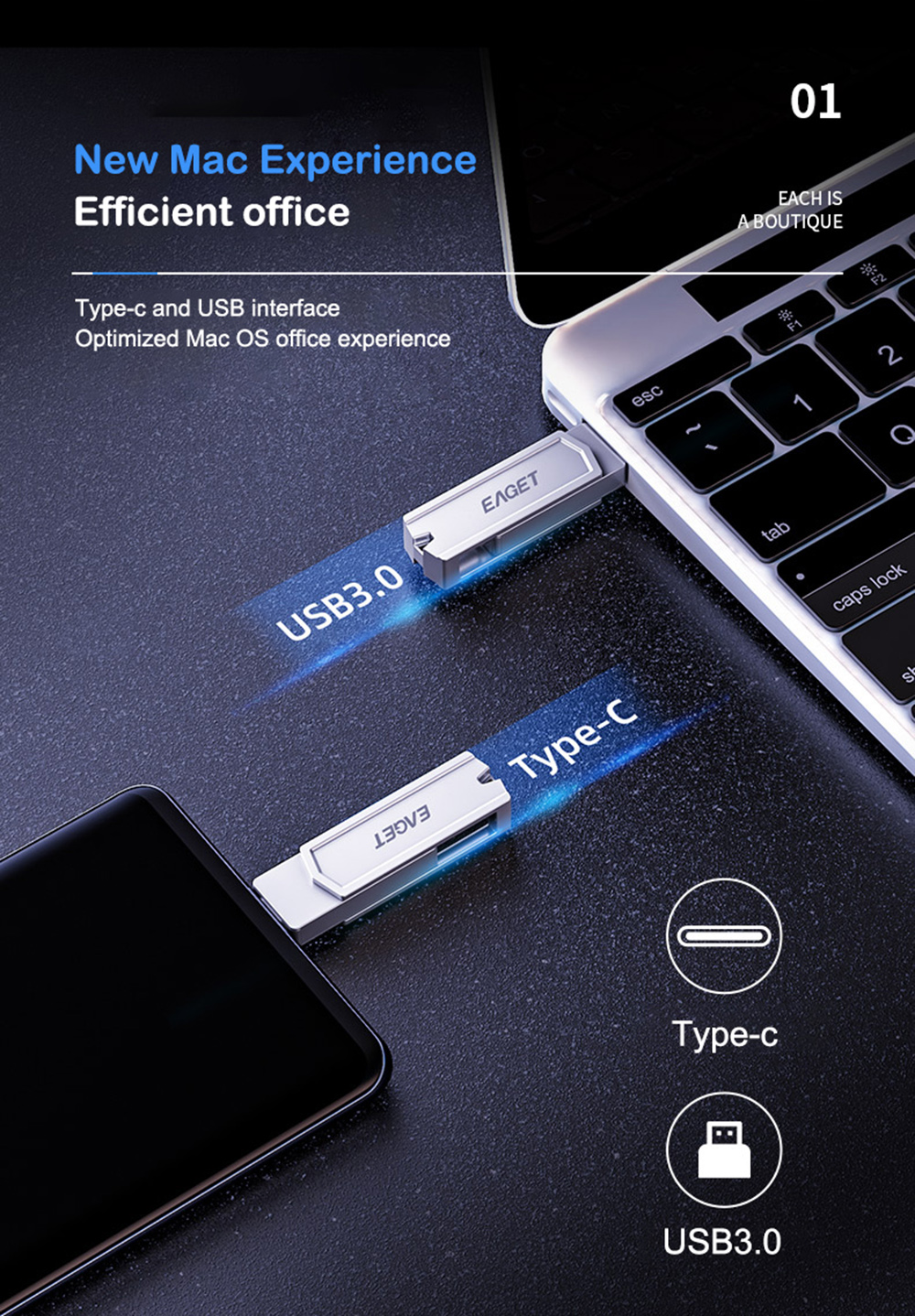 EAGET CF22 Type-C USB3.0 Flash Drive 32G 64G 128G OTG Solid State Storage Flash Disk 360° Rotation Portable Thumb Drive for Computer Phone
