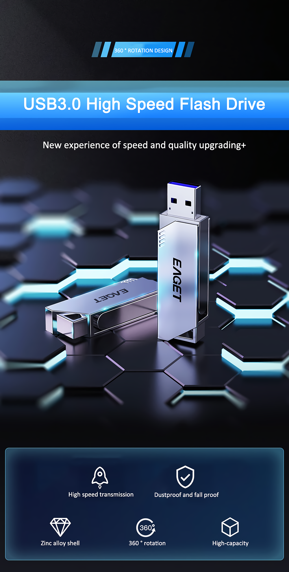 Eaget F20 USB3.0 Flash Drive Zinc Alloy 360° Rotation Pendrive Flash Memory Disk 32G 64G 128G 256G Thumb Drive