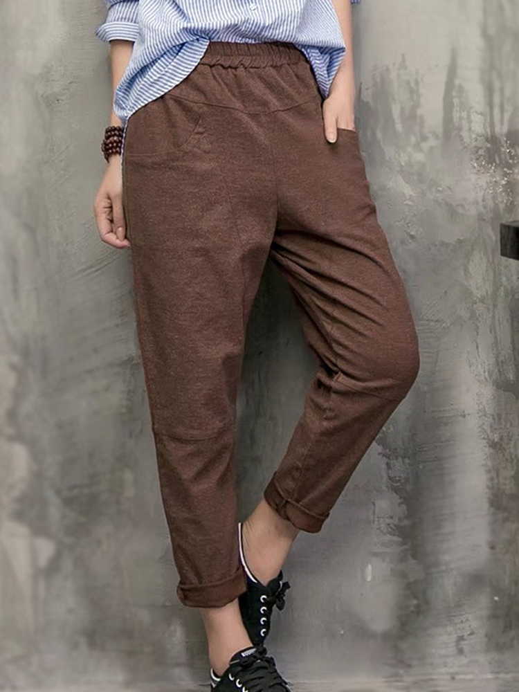 Vintage Women Elastic Waist Pockets Solid Color Harem Pants