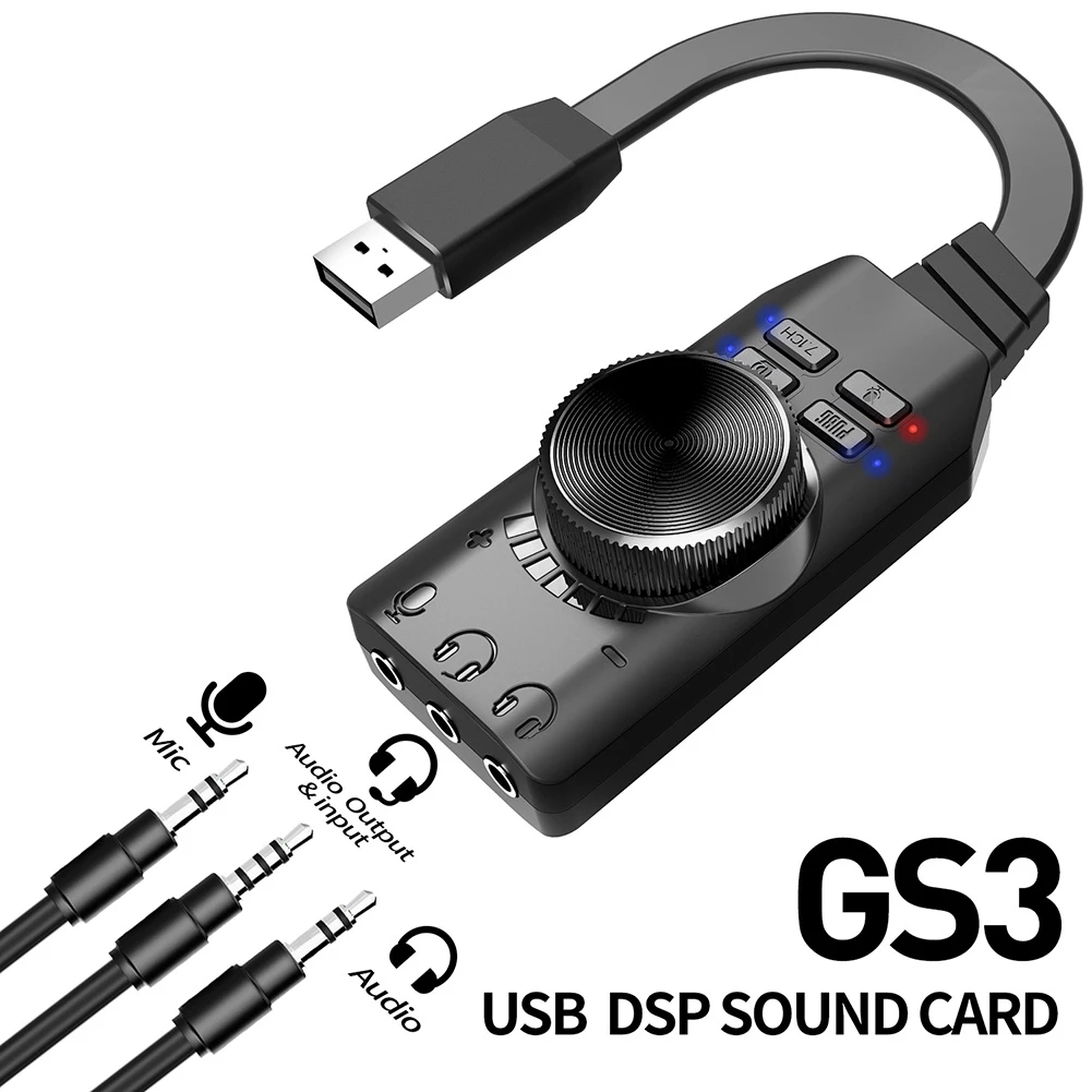 PLEXTONE GS3 7.1 Channel Sound Card Adapter External USB Audio 3.5mm Headset Microphone for PUBG League of Legends PC Computer Notebook Desktop Windows