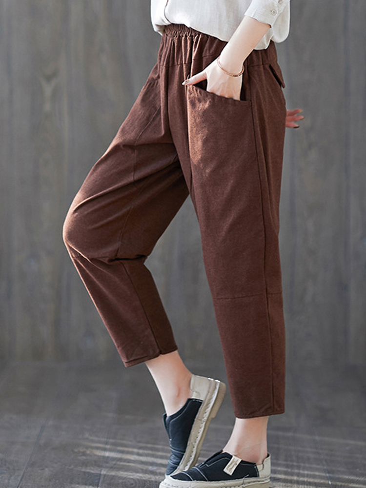 Women High Elastic Waist Solid Color Harem Pants