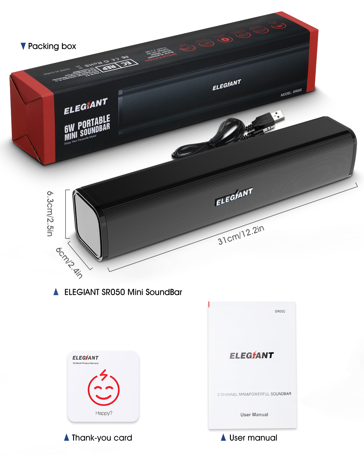 ELEGIANT SR050 6W Powerful Multimedia HiFi Bass Portable USB SoundBar Speakers with Volume Control for PC Desktop