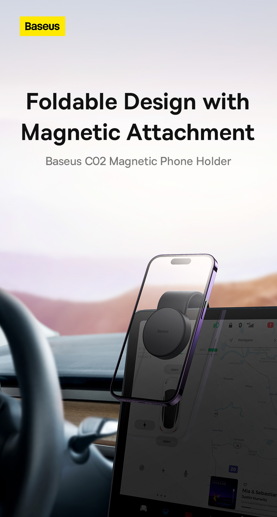 Baseus C02 Foldable Design with Magnetic Attachment Car Phone Holder for iPhone 14 Pro Max for Huawei Mate50 for Oppo Reno9 for Redmi K60 for Samsung Galaxy S23