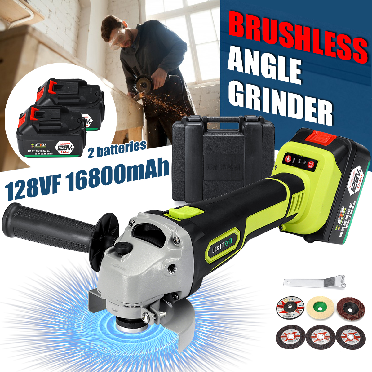 128VF 16800mAh Cordless Electric Angle Grinder Brushless Power Cutting Angle Grinding Tool with Li-ion Battery& Charger
