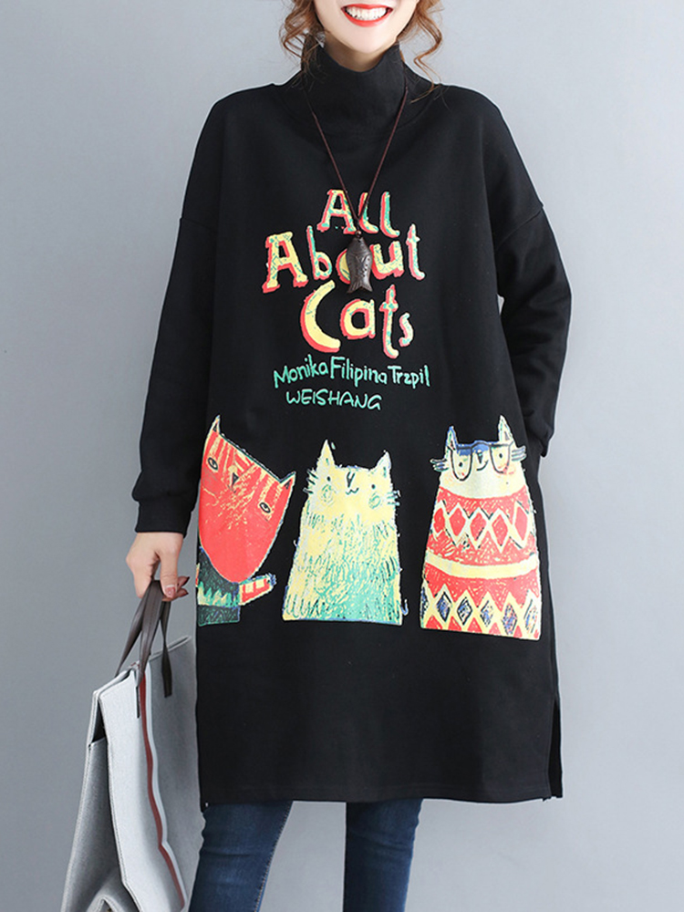 Casual Women Cartoon Print High Collar Fleece Thick Sweatershirt Dress