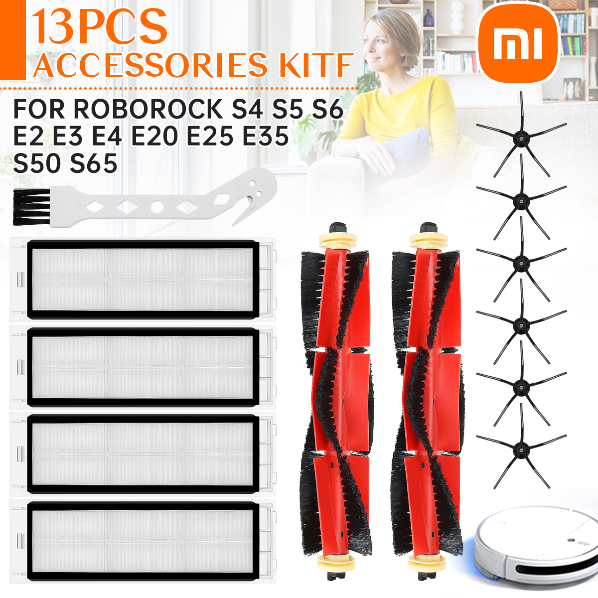 13pcs Replacements for Roborock S4 S5 S6 E4 E20 E25 E35 S50 S65 Xiaomi Mijia Robot Vacuum Cleaner Main Brush*2 Side Brush*6 Fliter*4 Cleaning Brush*1 [Not-original]