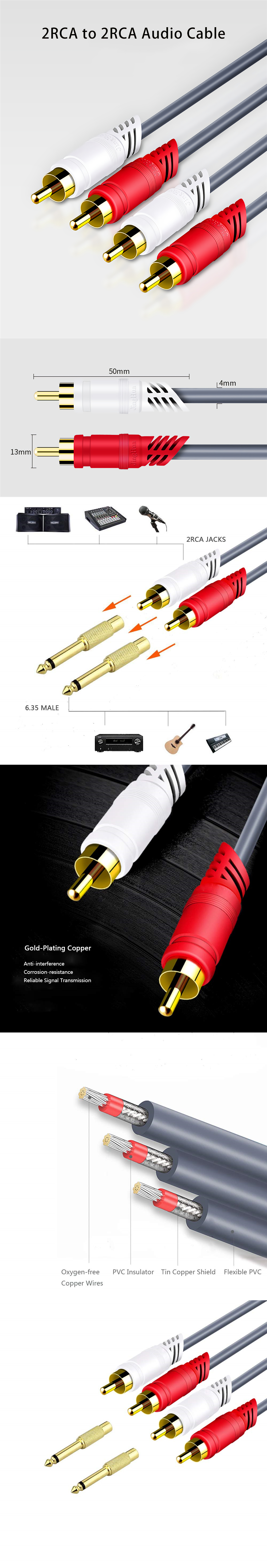 JINGHUA 2RCA to 2RCA Audio Cable Male to Male Gold-Plated RCA Audio Cable for Home Theater DVD TV Amplifier CD Soundbox