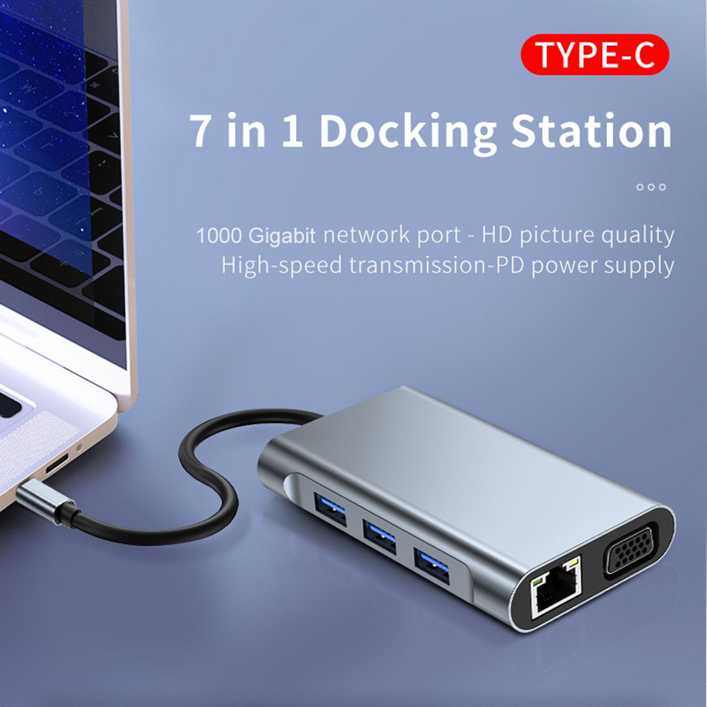 Mechzone 7 in 1 Type-C Docking Station USB-C Hub Adapter with USB3.0 USB-C PD 87W 4K HDMI-Compatible 1080P VGA RJ45 Gigabit LAN Ethernet for PC Computer Laptop BYL-2111