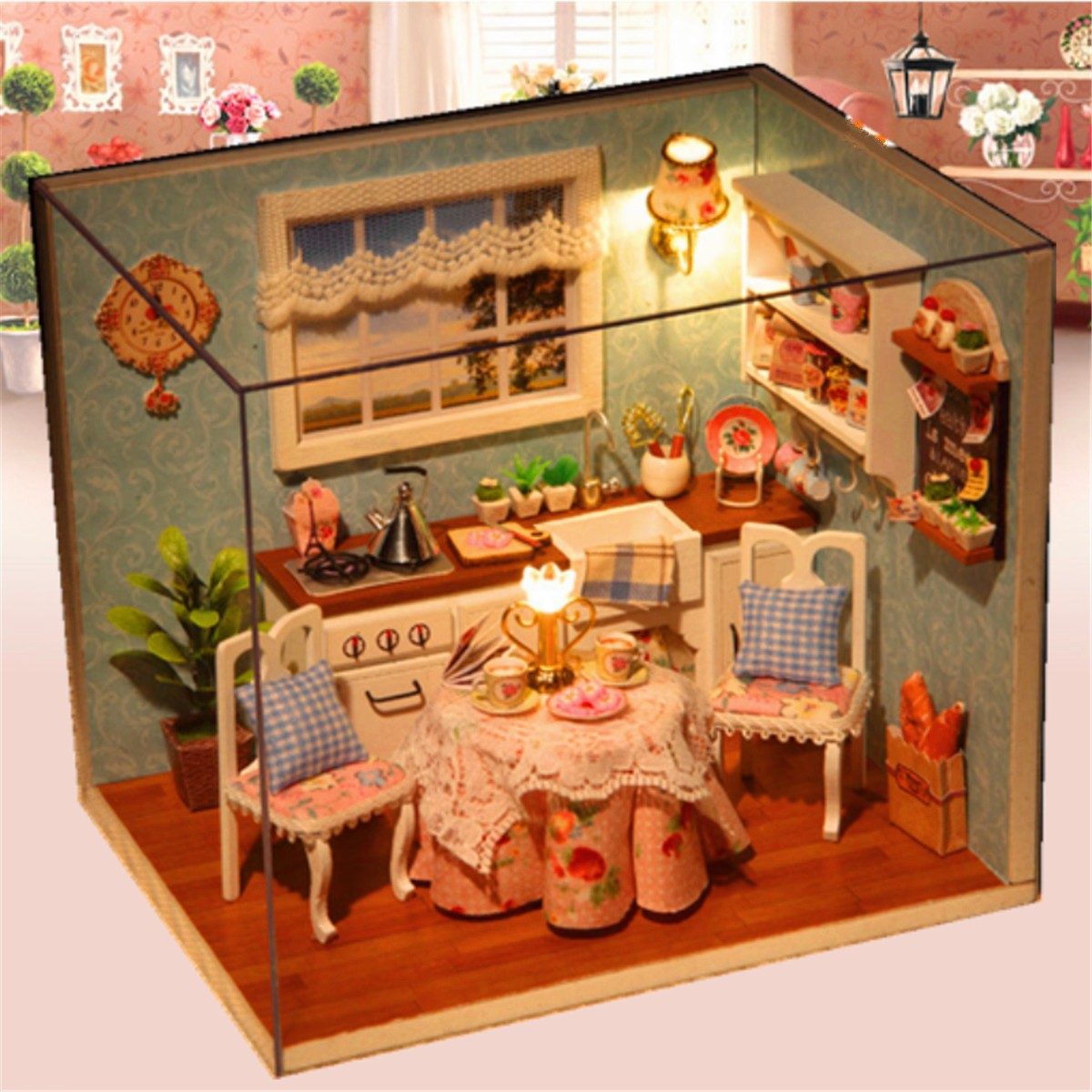 Cuteroom Dollhouse Miniature Dining Room DIY Kit With Cover And LED