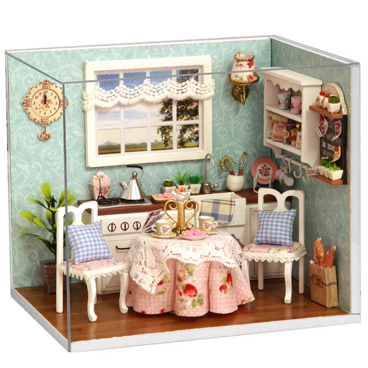 Cuteroom Dollhouse Miniature Dining Room DIY Kit With Cover And LED