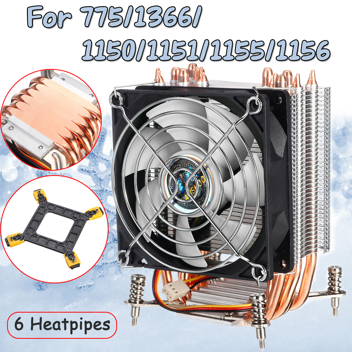 3 Pin 90cm 6 Heat Pipes Cooler Cooling Fan Heatsink for 115X 1366 Motherboard 8