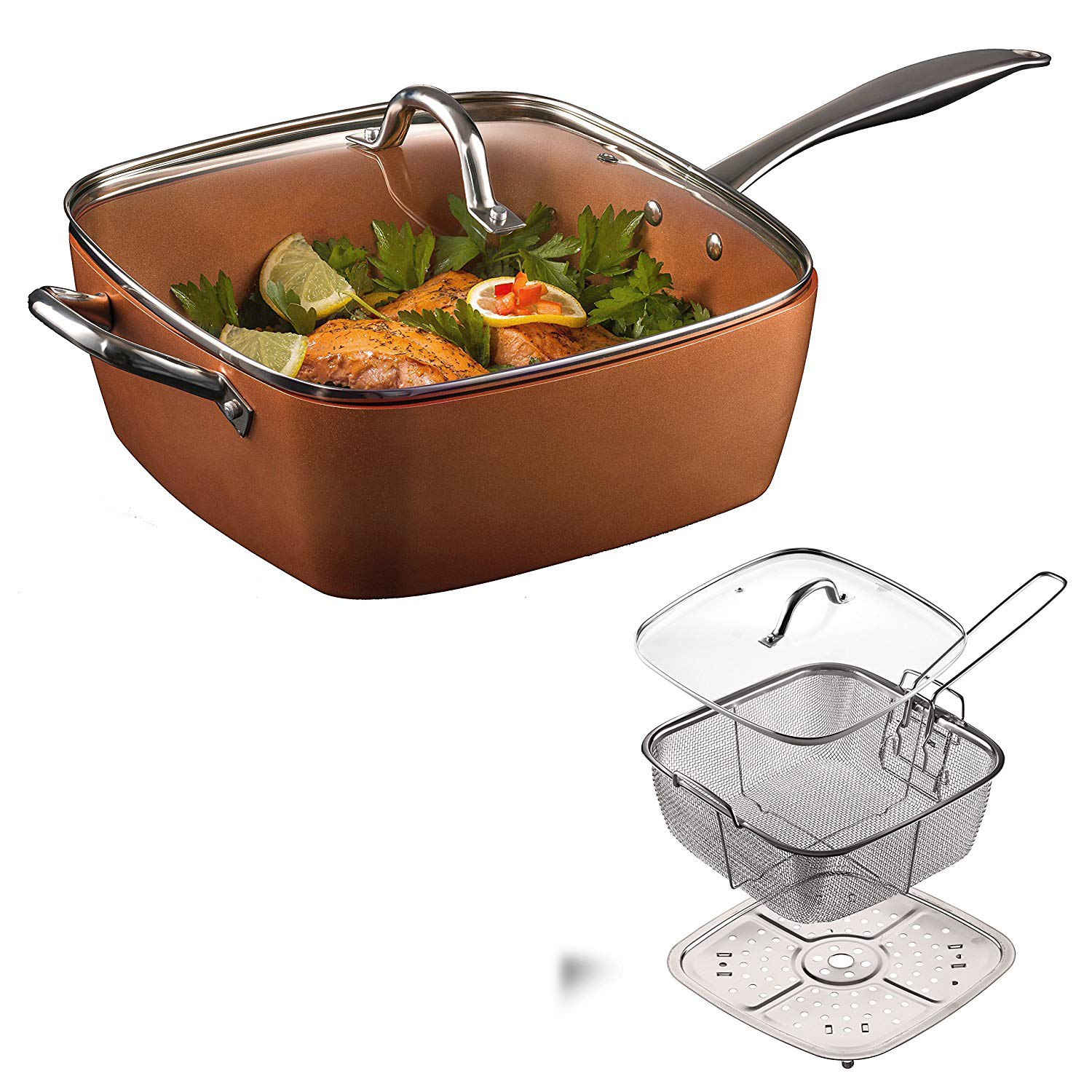 

4PCS / Set Copper Square Pan Induction Chef With Glass Lid Fry Basket Frying Pan Steam Rack