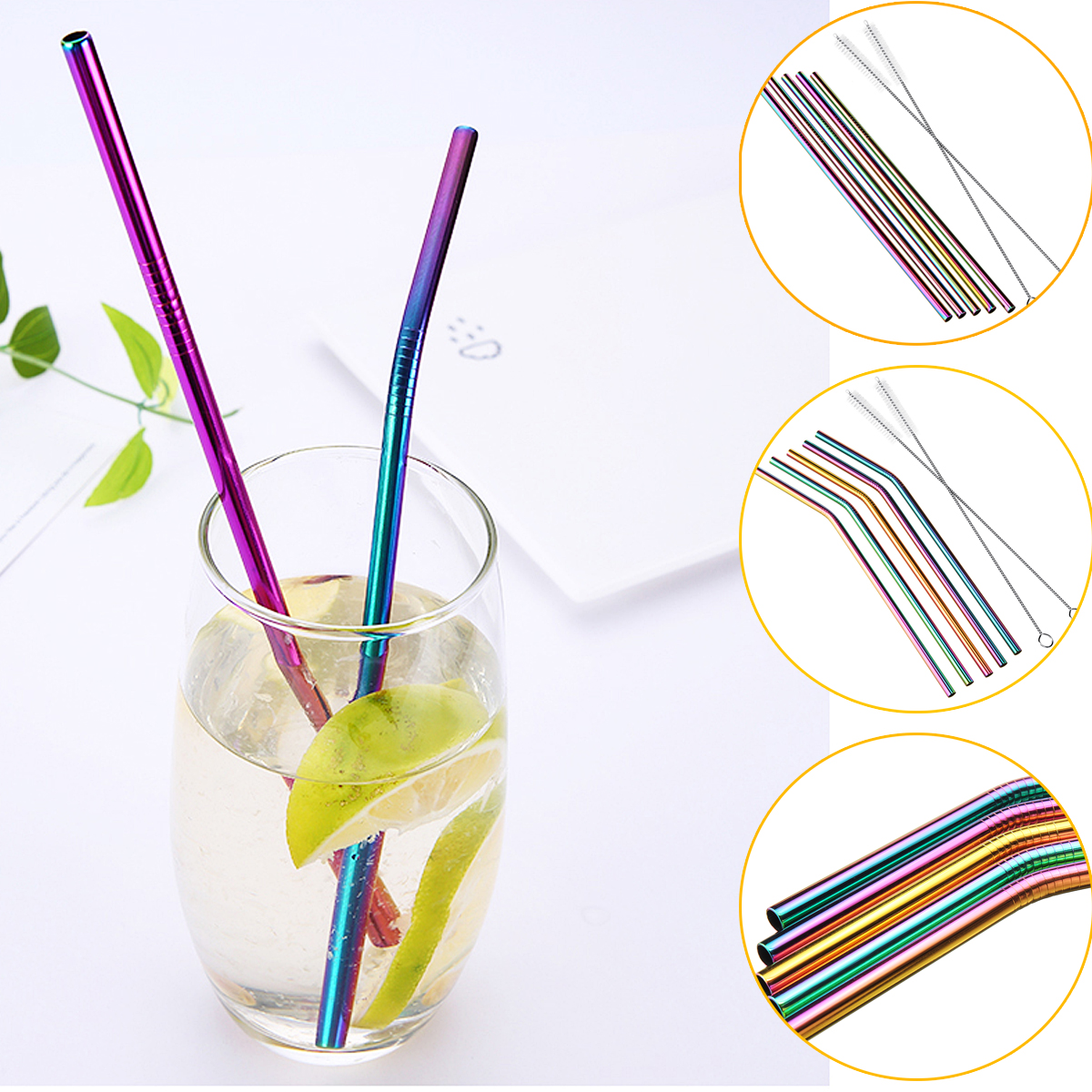 7PCS Premium Stainless Steel Metal Drinking Straw Reusable Straws Set With Cleaner Brushes 13