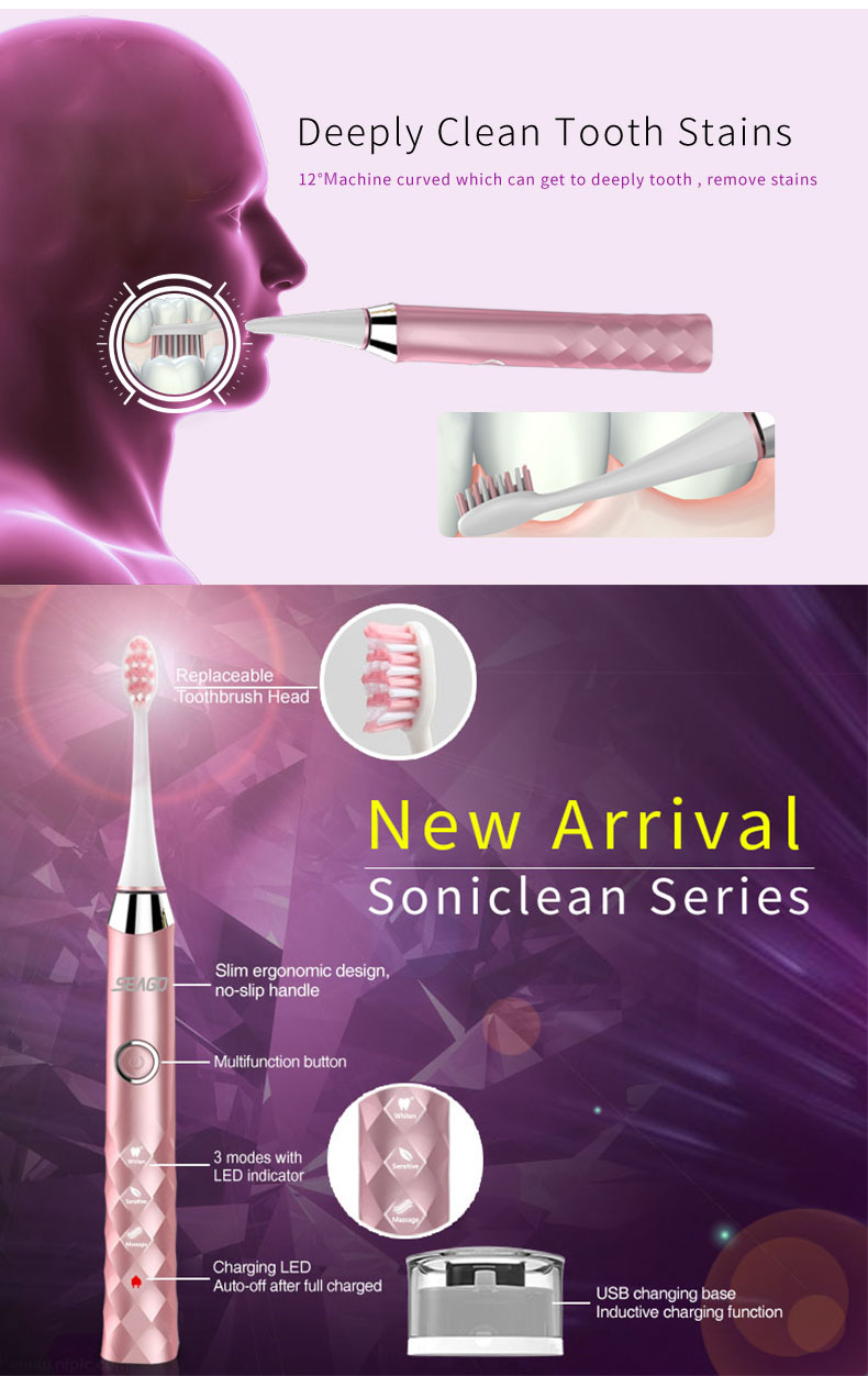SEAGO S1 Sonic Smart Electric Toothbrush 3 Brush Modes Whitening USB Rechargeable IPX7 Waterproof with 3 Replaceable Brush Heads