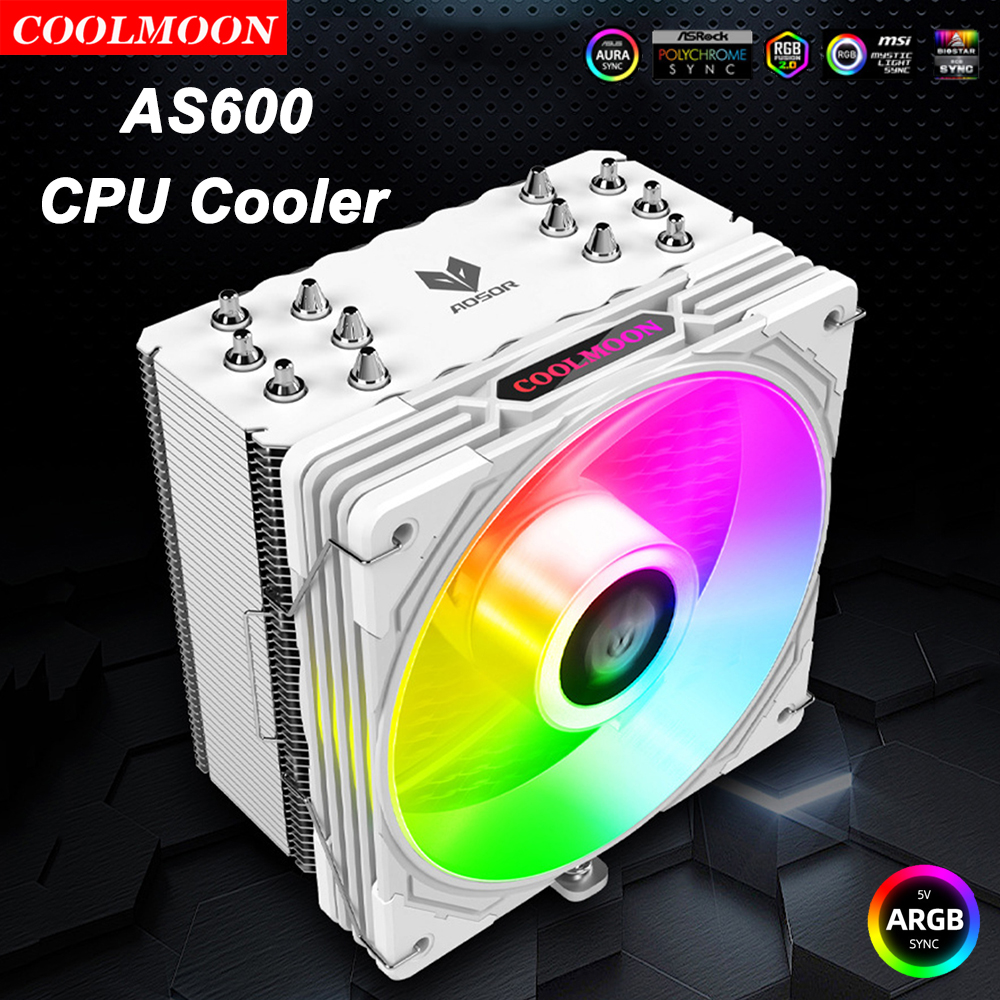 Coolmoon AS600 Air CPU Cooler ARGB Cooling Fan 6 Heat Pipes Radiator for LGA 1700 17XX AM5 AM4 1150 115X 1200 FDB Bearing