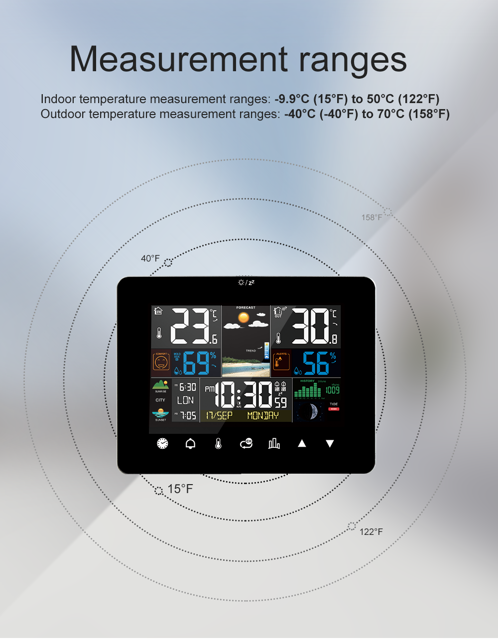 2022 Newest FanJu Weather Station Touch Screen Wireless Indoor Outdoor Thermometer Table Clock with Sunrise and Sunset Time Moon Phases and Tides and Mold Risk