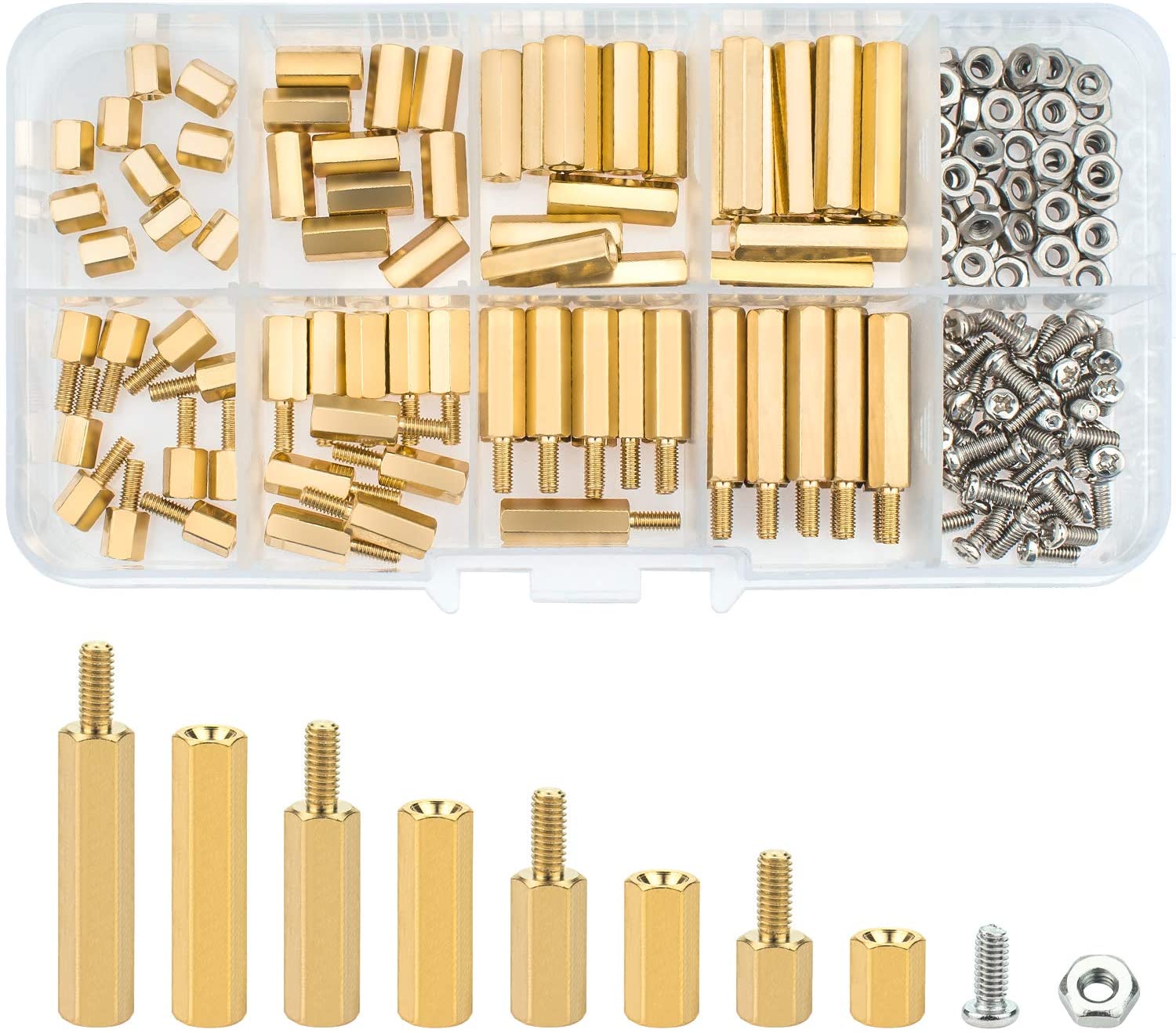 180pcs/set M2.5 Male Female Hex Brass Standoff Spacer with Pan Head Screw Nut and Washer Assortment Kit PCB Board Standoff