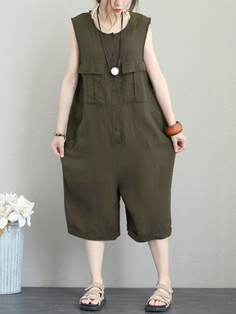 Women Cotton Sleeveless Pocket Solid Color Jumpsuits