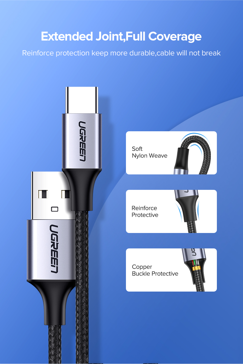 UGREEN 3A USB to Type-C Cable QC 3.0 Fast Charging Data Transmission Nylon Braided Core Line 0.5M/1M/1.5M/2M Long For Samsung S21 S20 For Xiaomi Mi 12 Redmi Note 11 For Huawei Mate 50