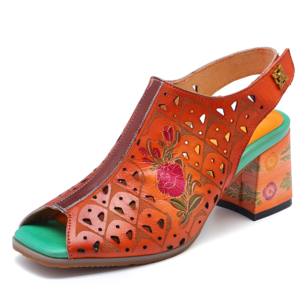 

SOCOFY Handmade Floral Pattern Leather Sandals
