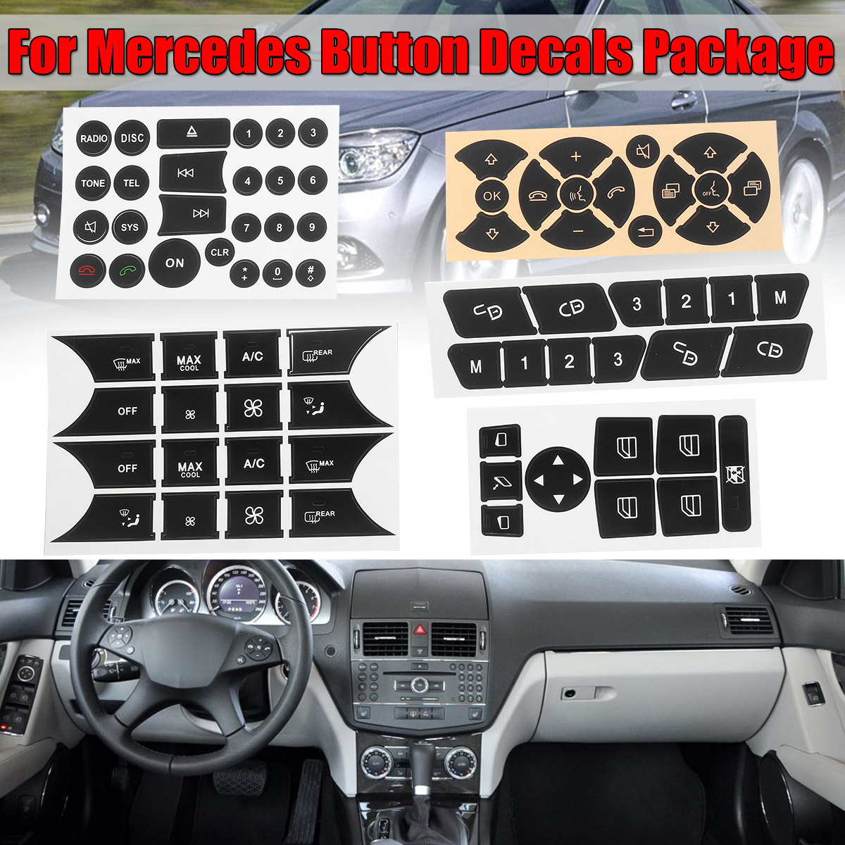 Button Repair Package Steering AC Window Car Decals Stickers for Mercedes Benz 2007-2014