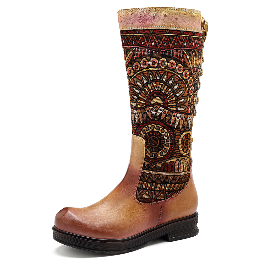 

SOCOFY Jacquard Zipper Leather Boots
