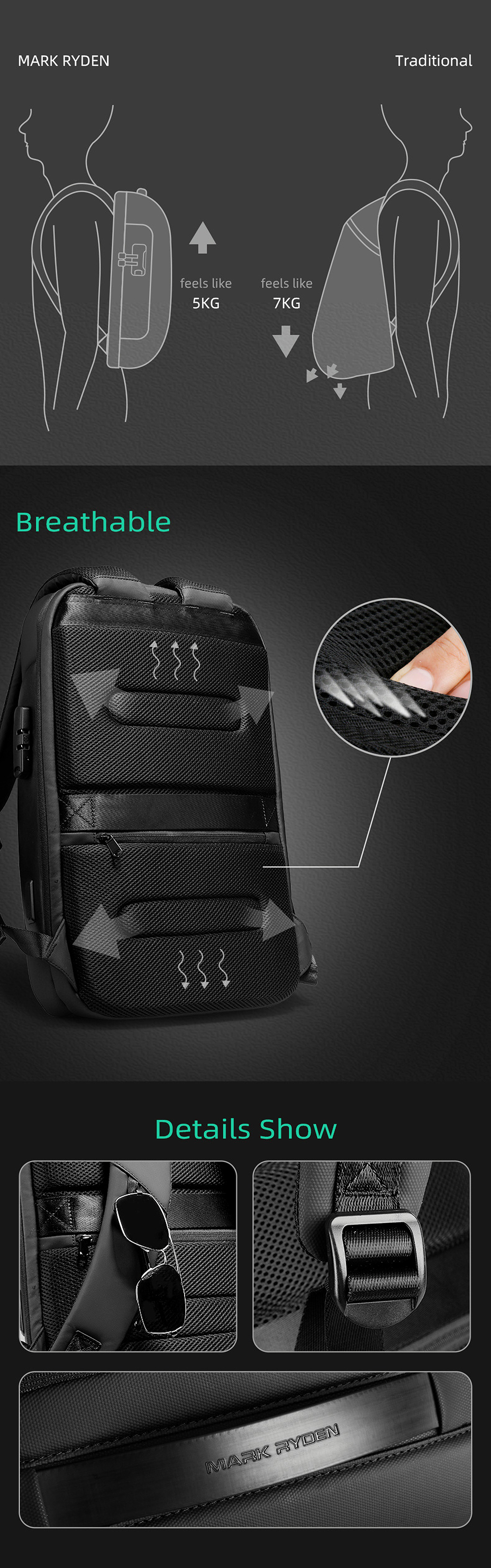 Mark Ryden MR9116 Anti-theft Backpack Laptop Bag Shoulder Bag USB Charging Men Business Travel Storage Bag for 15.6 inch Computer