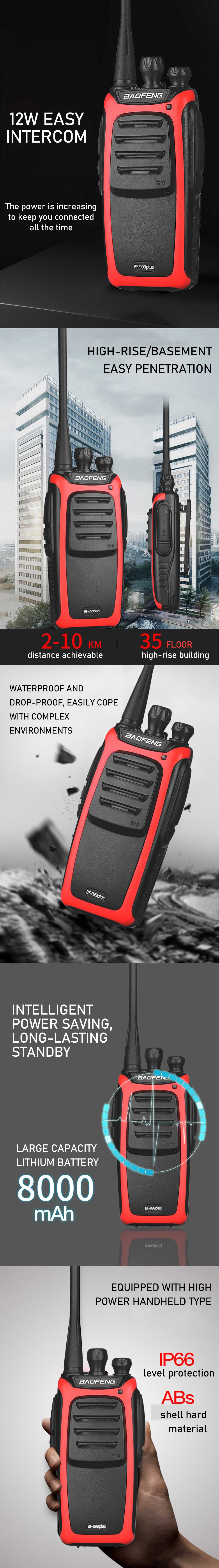 Baofeng VF-999plus 12W IP66 Waterproof Walkie Talkie 16 Channels 400-470MHz Portable Two Way Handheld Radio