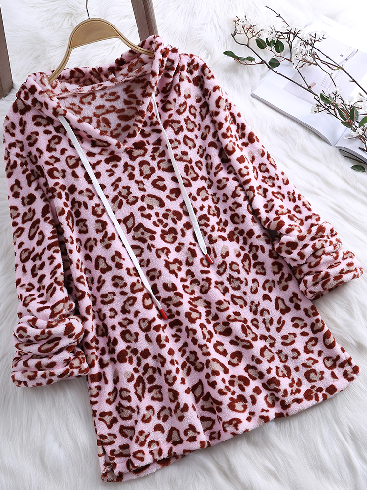 Women Hooded Leopard Print Long Sleeve Sweatshirt