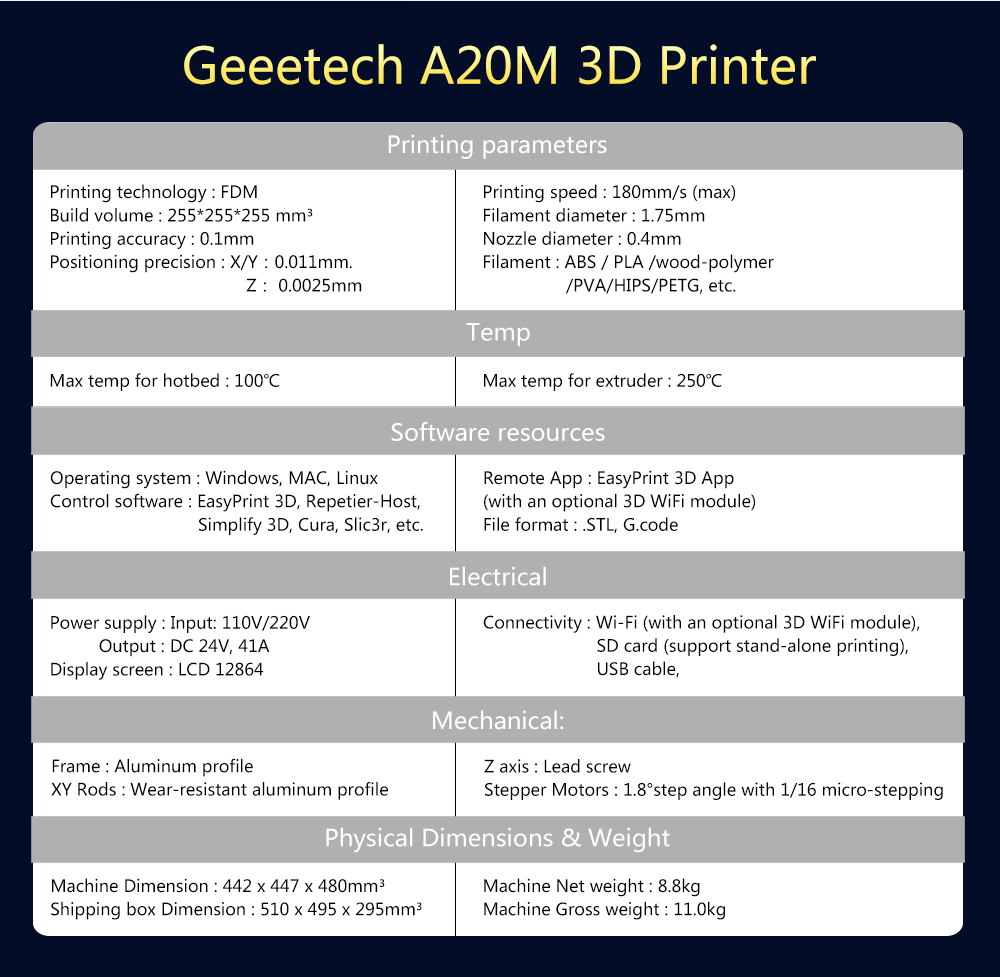 Geeetech® A20M Mix-color 3D Printer 255x255x255mm Printing Size With Filament Detector/Power Resume/Superplate Hotbed/Modular Design/360° Ventilation/ 6