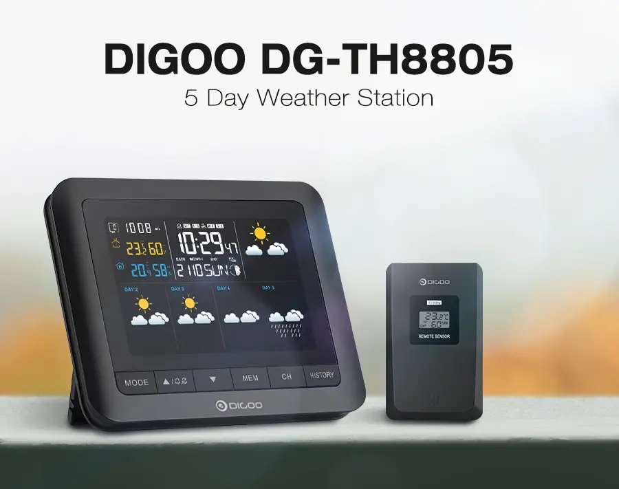 Digoo DG-TH8805 Wireless Five Day Forcast Version Weather Station Full-Color Screen Digital USB Outdoor Barometric Pressure Hygrometer Humidity Thermometer Temperature with Outdoor Sensor Clock