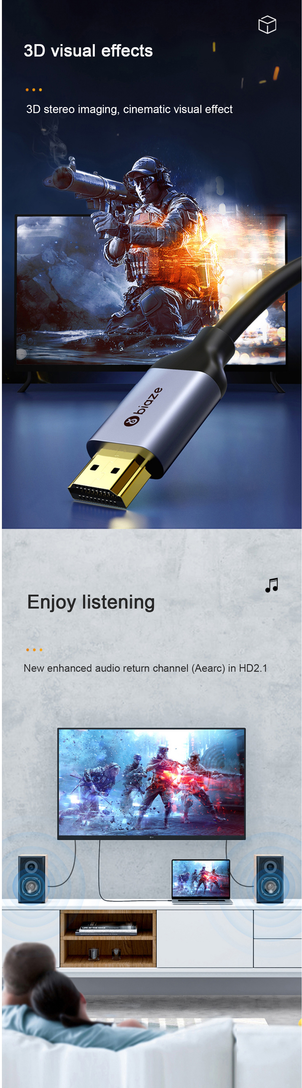 Biaze HX37 8K HD Cable HD2.1 Video Cable Connector High Speed 48Gbps Dynamic HDR 3D HD Cable for Computer Set Top Box