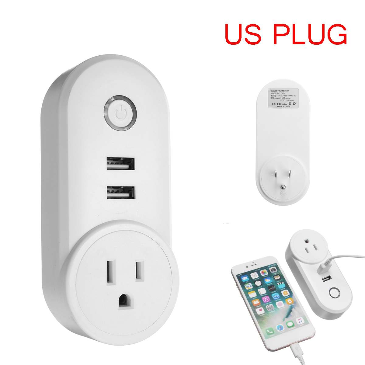 US Plug 110-230V 1250W WIFI Assistant 2 USB Alexa Voice Control APP Smart Socket Charger