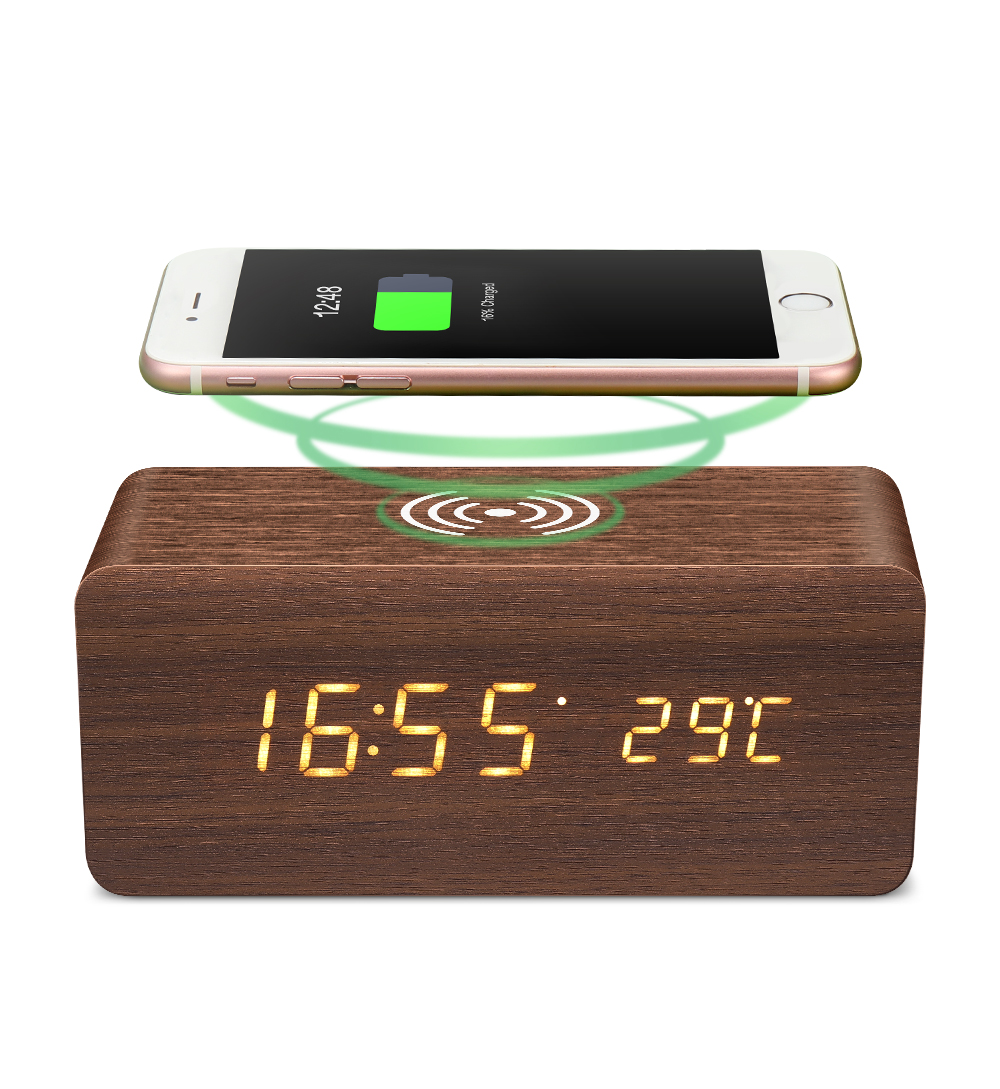 

Digoo DG-AC80 LED 12/24 Регулируемый час Дисплей Деревянный Часы Беспроволочный зарядный сигнал управления голосом Часы