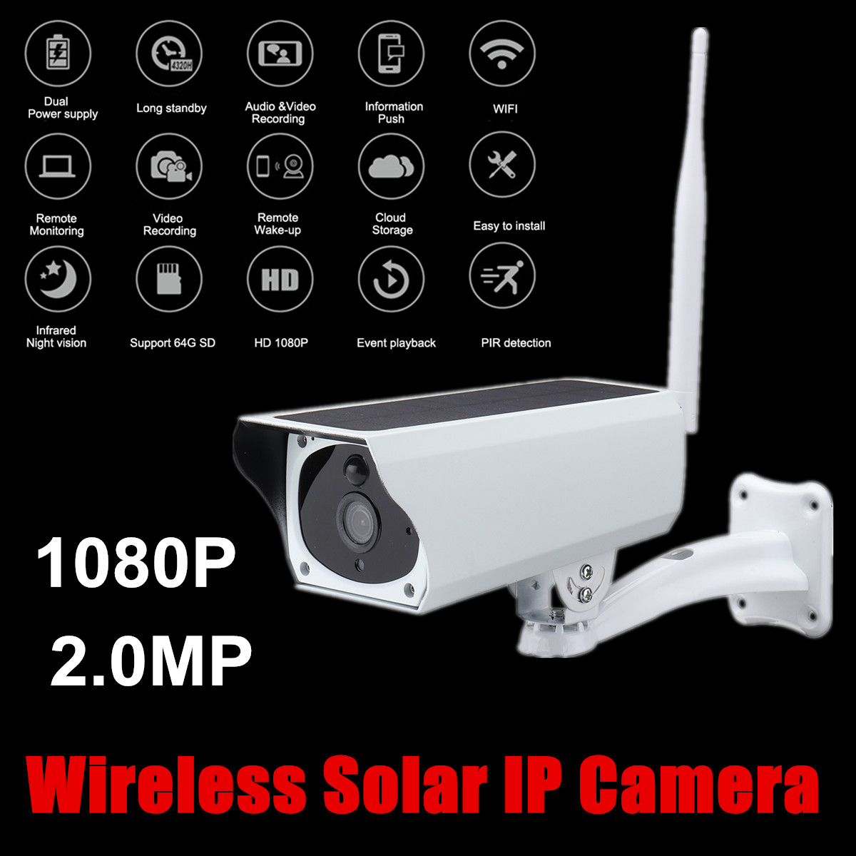 Solar Powered Wireless WIFI IP Camera 1080P HD Infrared Night Vision Waterproof Security Surveillance CCTV Dual Power Supply Long Standby 9