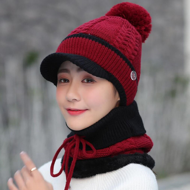 Wool Cap And Scarf Set Beanie Warm Winter Pom Wooly Cap