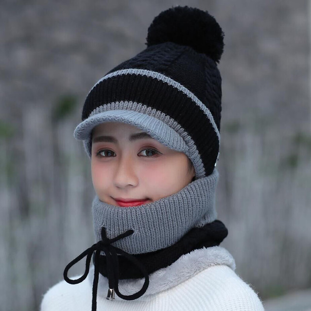 Wool Cap And Scarf Set Beanie Warm Winter Pom Wooly Cap