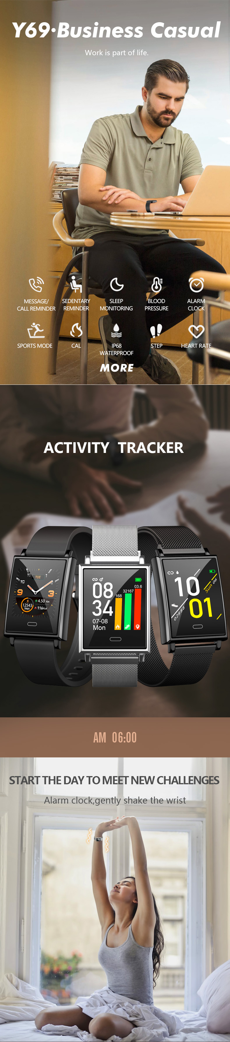 XANES® Y69 1.3in Touch Screen IP68 Waterproof Smart Watch HR BP Monitor Find Phone Countdown Sports Fitness Bracelet