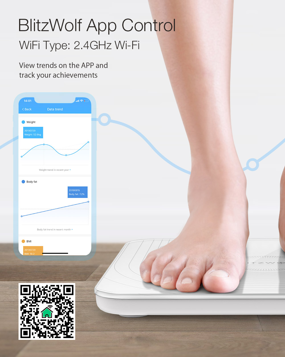 BlitzWolf® BW-SC1 WiFi Smart Body Fat Scale APP Control BMI Data Analysis with 13 Body Metrics Digital Weight Smart Scale