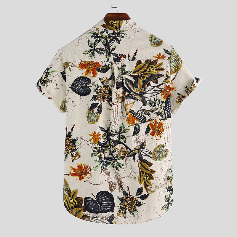 Mens Cottonn Tropical Leaves Prinnt Short Sleeve Oriental Henley Shirts